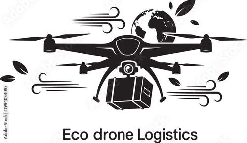 Eco friendly drone delivery, sustainable logistics, black vector icon, environmental transport