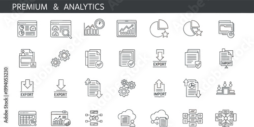 Premium analytics business report export import outline icon set dashboard performance monitoring editable stroke vector office interface collection