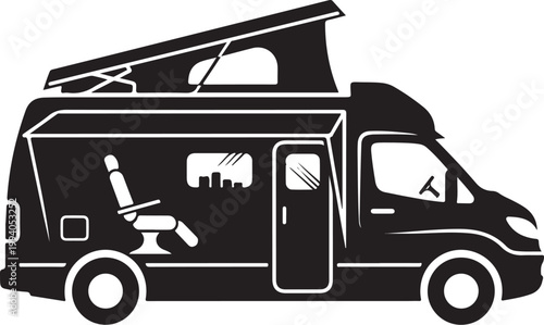 Black camper van, motorhome icon, RV vehicle, travel trailer