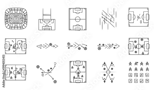 Football field match visualization icon set soccer vector