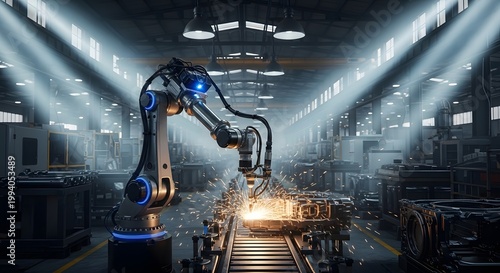 industrial robotic arm welding metal sparks factory automation modern manufacturing illuminated machinery
