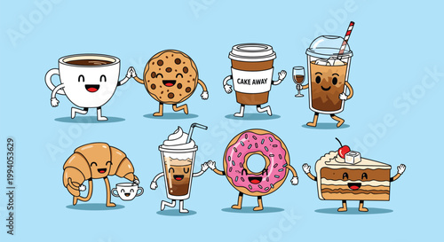 Adorable group of cartoon coffee, tea, and pastry characters with happy faces engaging in friendly interactions.