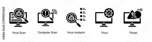 Virus scan icon set featuring computer scan and malware analysis.Ideal for antivirus software and system security monitoring concepts.