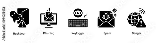 Cyber threat icon set with phishing,keylogger and spam attack concepts.Perfect for online security awareness and hacking prevention visuals.