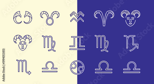 Selection of modern zodiac and astrological icons displayed in two different color schemes on a split cream and blue background.