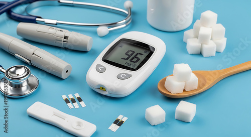 White glucose meter with sugar cubes and stethoscope on blue background image