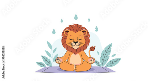 Adorable cartoon lion practicing yoga in a lotus position on a purple mat with soft raindrops in the background.