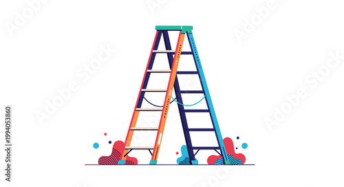 Stylized illustration of a colorful double sided step ladder with decorative abstract shapes and dots at the base of the image.