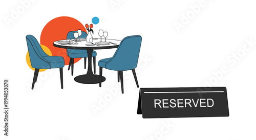 Modern restaurant table setting with blue chairs and a reserved sign on a white background with abstract elements.