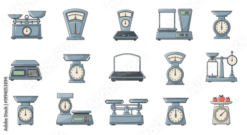 Diverse collection of industrial and kitchen scales for measuring weight including both digital and analog models on a white background.