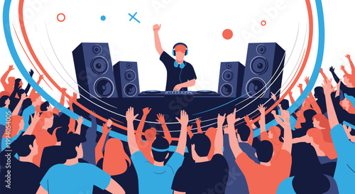High energy scene of a DJ performing behind turn tables for a large crowd of excited fans with their hands raised in the air.