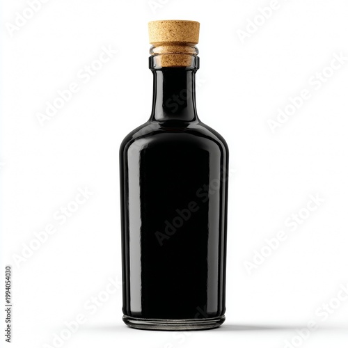 Glass bottle filled with dark liquid and cork stopper placed on a flat surface with plain background