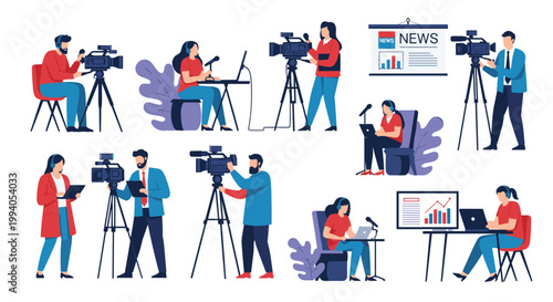 Large group of television news professionals working in a busy studio environment with cameras, computers, and monitors.