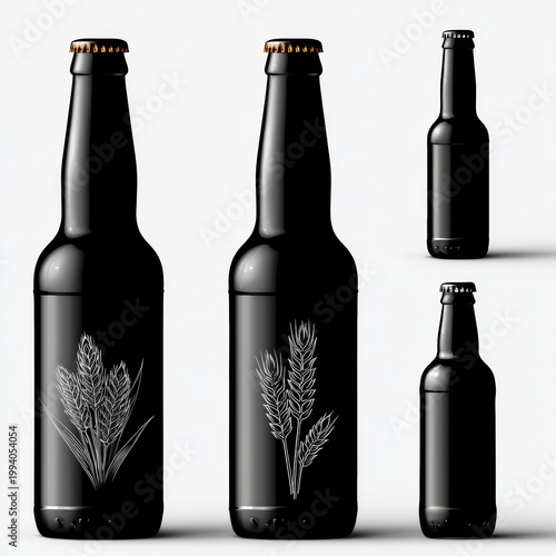 Design of black beer bottles with illustrations of wheat, displayed in various angles and sizes
