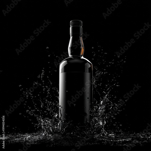 Black bottle surrounded by water splashes on a dark background in an artistic display of liquid motion