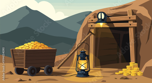 Cartoon scene of a gold mine entrance featuring a wooden cart filled with gold coins and a glowing oil lantern in the foreground.