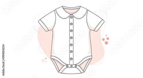 Simple white baby bodysuit with a round collar and buttons down the front against a soft pink and cream abstract background.