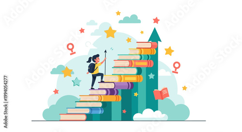A woman climbs a staircase of colorful books towards a growing green chart surrounded by stars and clouds.