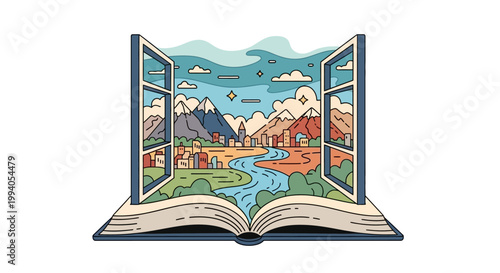 Open book reveals a scenic mountain town through its window pages