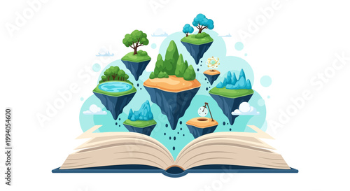 Floating islands emerging from an open book with fantastical landscapes and creatures in a surreal illustration