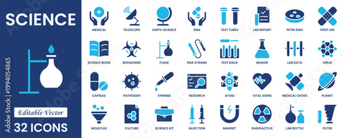 Science icon set. Containing biology, laboratory, experiment, research, scientist, research, biology, physics, chemistry and more icons. Science education symbol. Vector illustration.