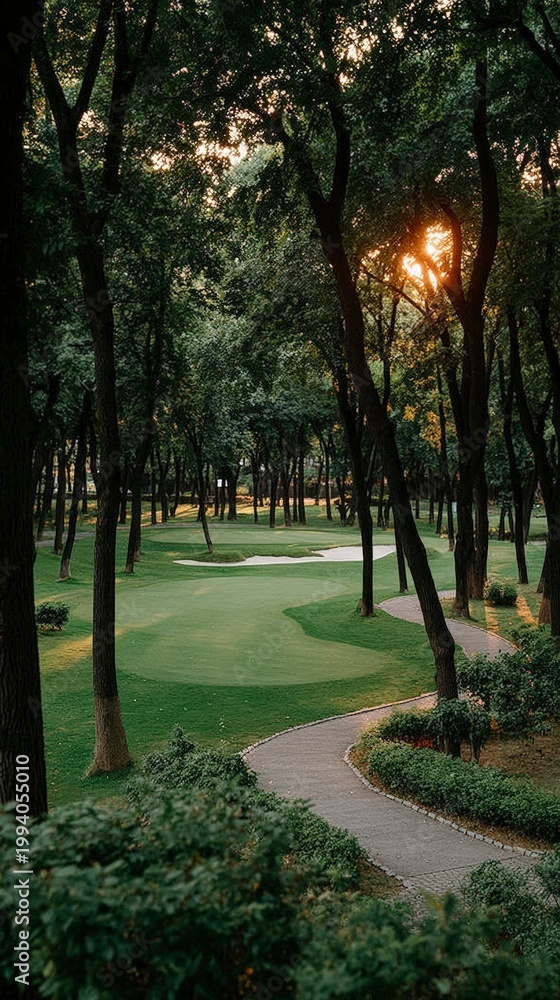 Fototapeta premium Curved stone path winding through lush green golf course forest with golden sunset light filtering through trees in professional outdoor nature landscape photography