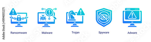 Malware attack icon set featuring ransomware,trojan and spyware threats.Ideal for cybersecurity risk,hacking concept and digital security visuals.
