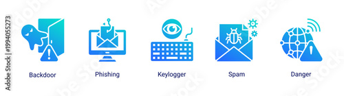 Cyber threat icon set with phishing,keylogger and spam attack concepts.Perfect for online security awareness and hacking prevention visuals.