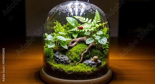 Miniature indoor garden in glass dome.