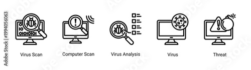 Virus scan icon set featuring computer scan and malware analysis.Ideal for antivirus software and system security monitoring concepts.