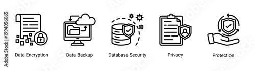 Data security icon set featuring encryption,backup and privacy protection.Perfect for secure data system and information security visuals.
