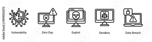 Vulnerability icon set featuring zero day,exploit and data breach.Ideal for cybersecurity analysis and threat detection concepts.