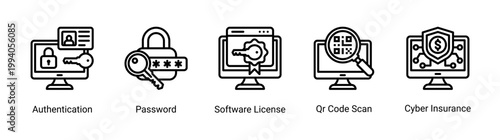 Secure access icon set with authentication,password and software license.Ideal for login security and system access control concepts.