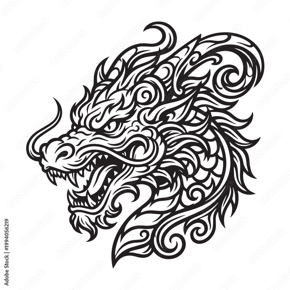 Fototapeta premium Intricate Black and White Dragon Head Illustration with Ornate Details.