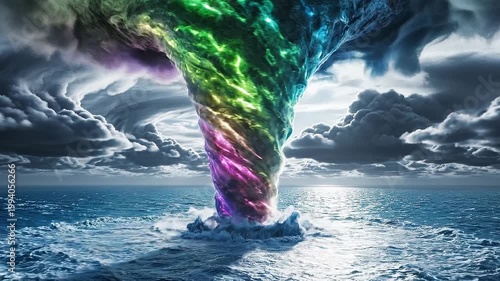 Colorful waterspout forming over ocean with stormy clouds