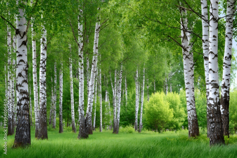 Obraz premium Birch forest showing green leaves and white trunks