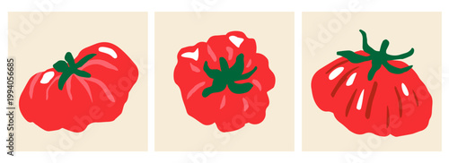 Set of three ink doodle abstract red beefsteak tomatoes. Trendy aesthetic farmer market hand drawn vector illustration. Element for poster, social media, banner, invitation. Trendy vegetable card.