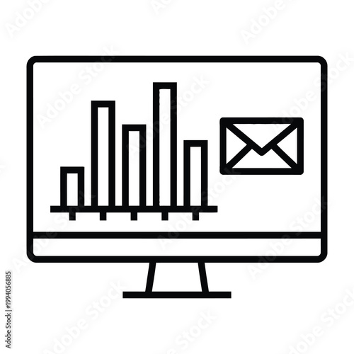 Computer screen with bar chart and email icon on monitor display