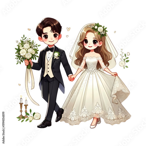 Illustration of a Happy Bride and Groom in Chibi Anime Style