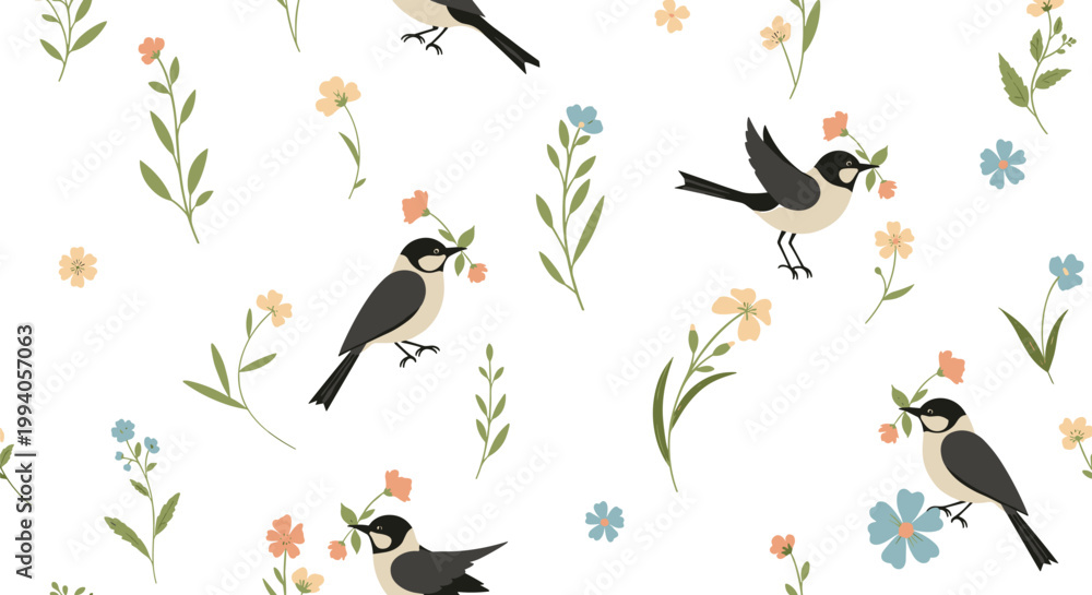 Fototapeta premium Delicate seamless pattern featuring small birds perched on thin branches among colorful wildflowers on a white background.