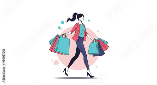 Stylish young woman with a ponytail walking confidently while carrying many colorful shopping bags in front of a pink circular background.