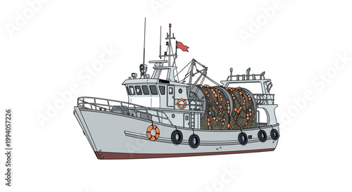 Detailed illustration of a large industrial fishing trawler boat with nets and equipment designed for commercial sea fishing expeditions.
