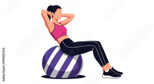 Active woman in sports clothing performing core exercises and sit ups on a striped purple fitness ball isolated on white background.