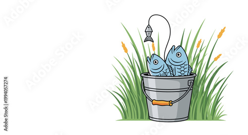 Metal bucket overflowing with fresh fish caught during a fishing trip sitting in the tall green grass by the water's edge.