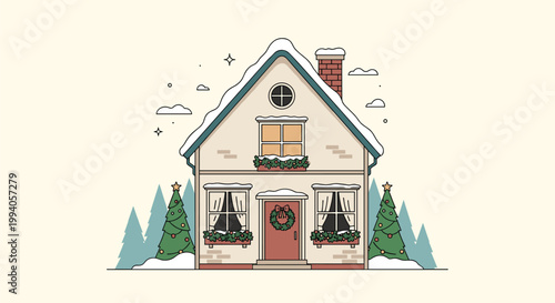 Cozy two story winter house decorated for the Christmas holidays with wreaths, snow on the roof, and evergreen trees in the yard.