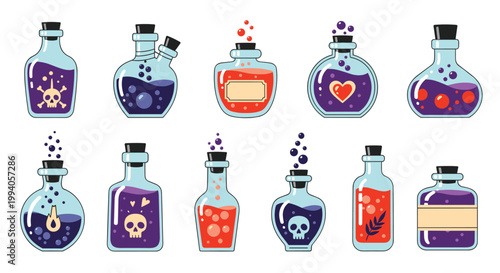 Grid of mystical potion bottles containing colorful liquids and magical ingredients with labels and floating bubbles in a fantasy style.