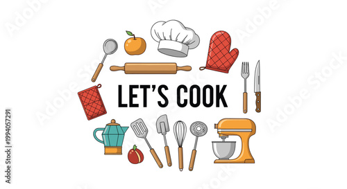 Culinary themed circular frame with various kitchen utensils and the text lets cook encouraging people to prepare delicious home meals.