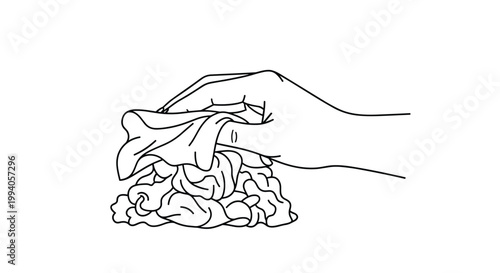 Simple outline drawing of a person's hand using a cloth to wipe and clean a messy surface to maintain hygiene and cleanliness.