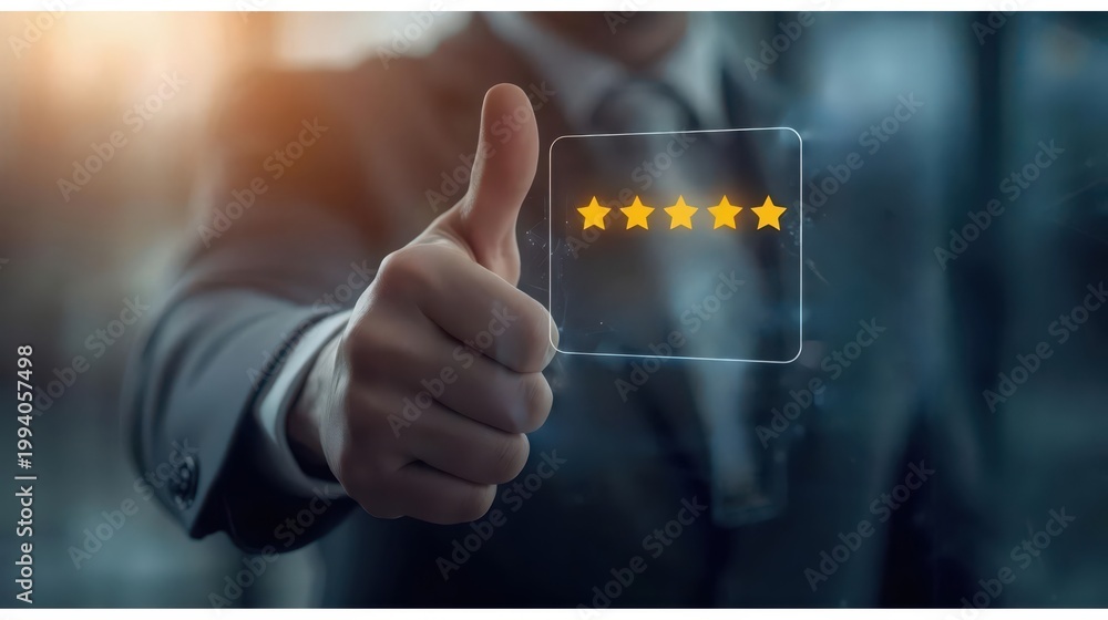 Obraz premium Businessman Displays Approval with Five-Star Rating on Digital Screen