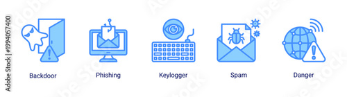 Cyber threat icon set with phishing,keylogger and spam attack concepts.Perfect for online security awareness and hacking prevention visuals.